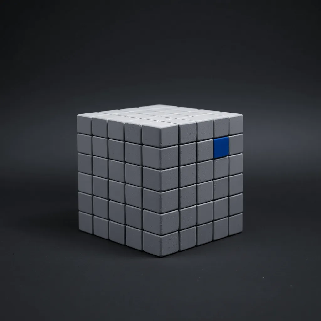 Grey stone blocks assembled into one precise cube, with a blue block set near its top-right corner.