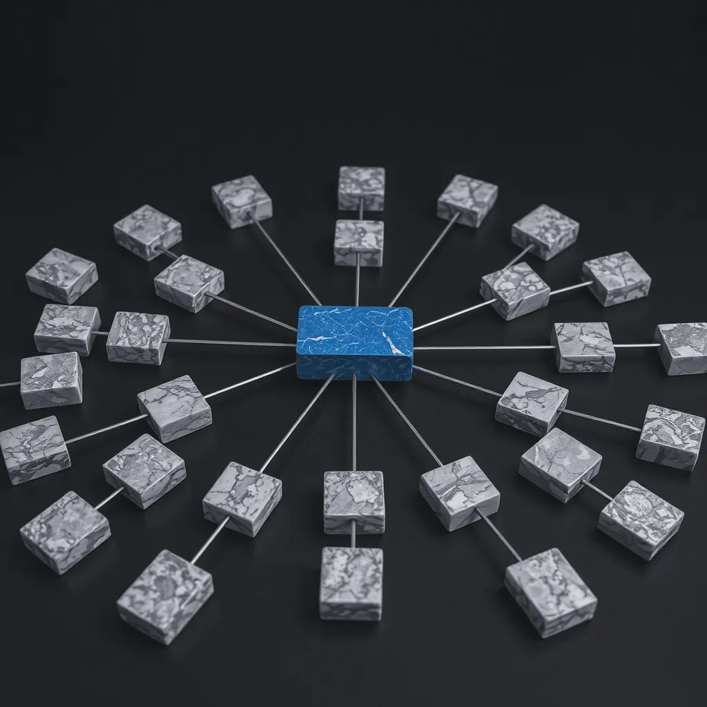 Stone blocks spread in a network, joined by thin rods to a blue block at the centre.