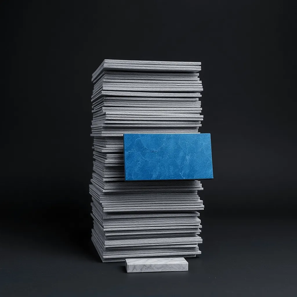 A tall stack of thin stone slabs with one blue slab pulled out of it.