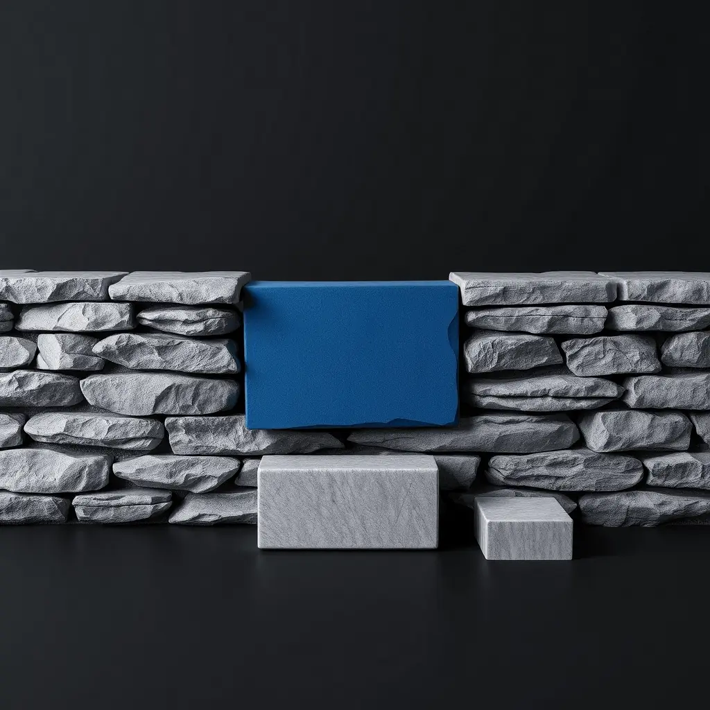A stone wall with a custom-cut blue block fitted exactly into its gap.