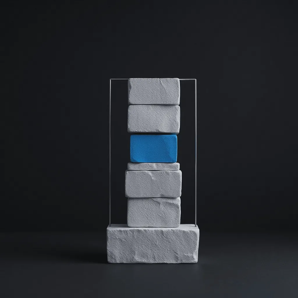 A tower of stone blocks held straight inside a thin metal frame, one block blue.