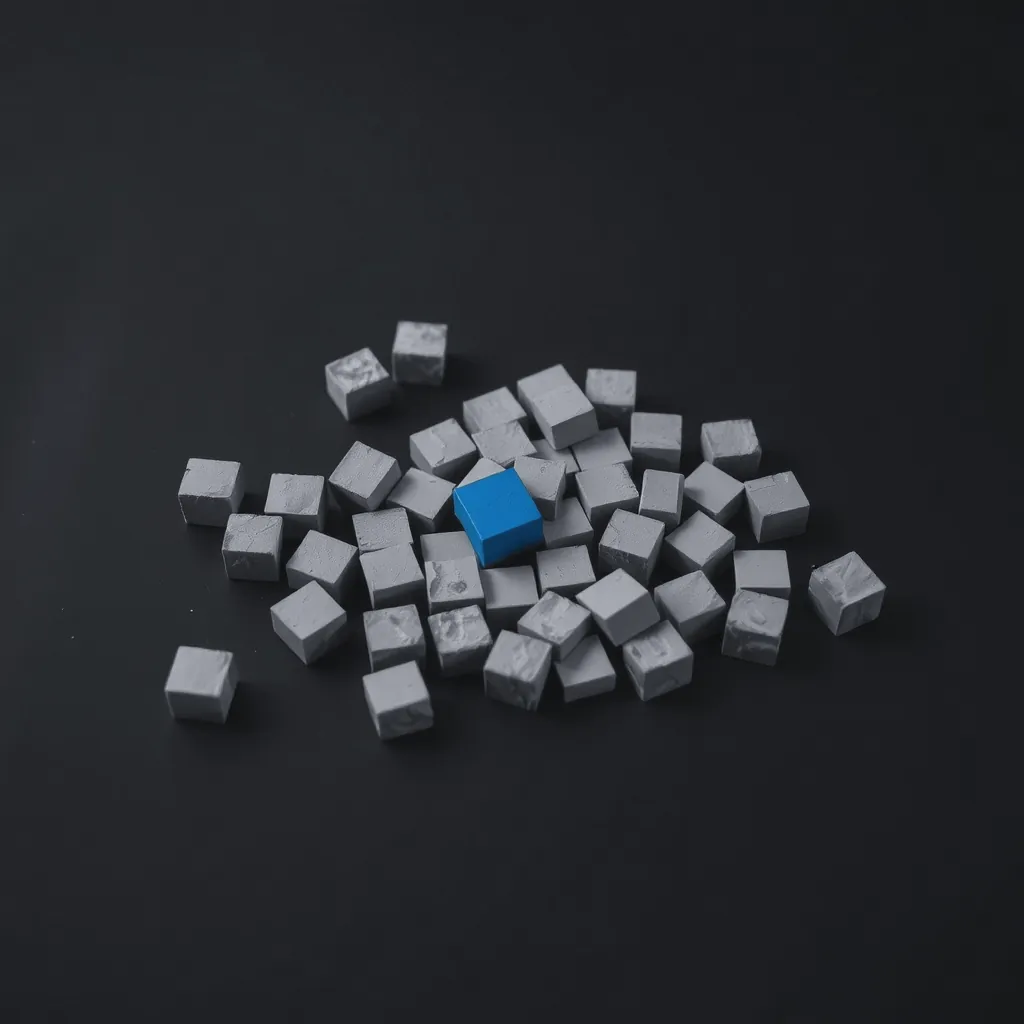 A loose heap of stone blocks on a dark table, one of them blue.