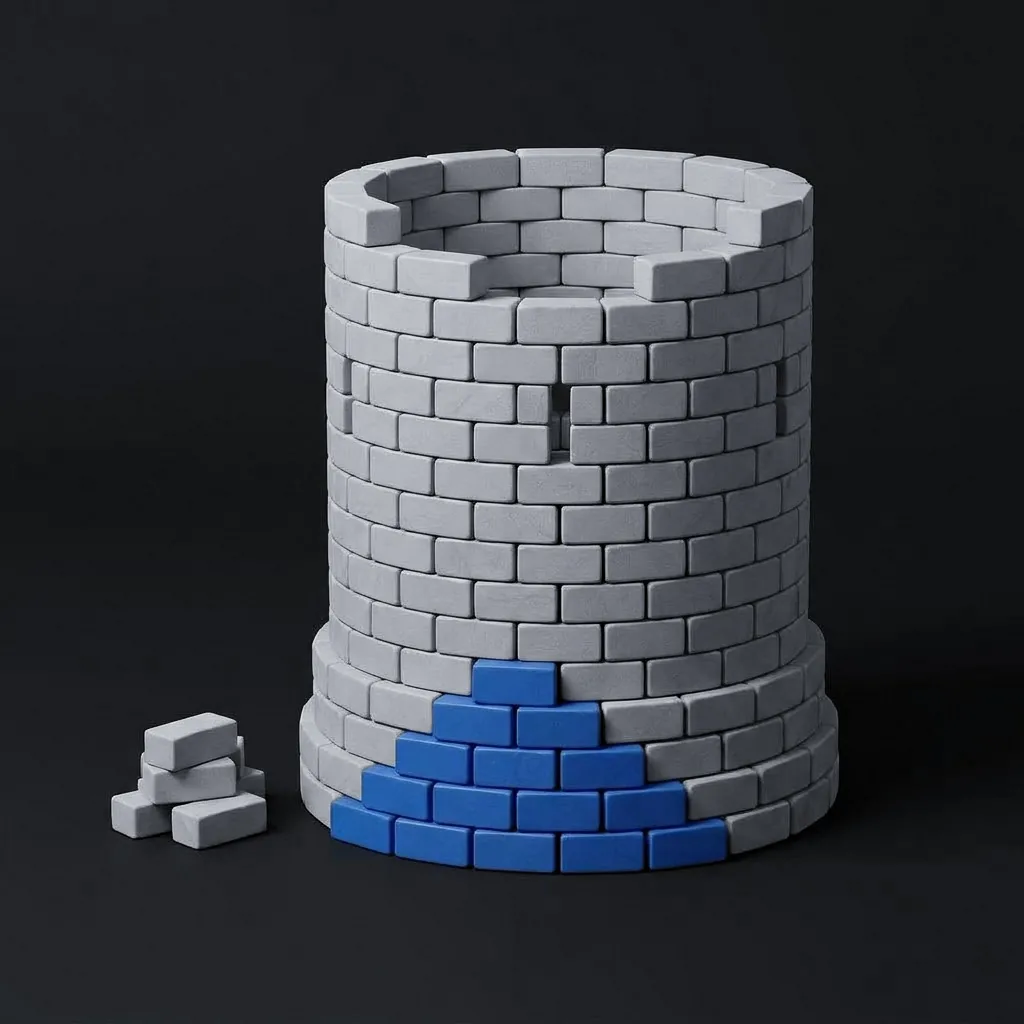 A round tower of grey stone blocks, its top ring still open, standing on a cluster of blue blocks in its lowest courses.
