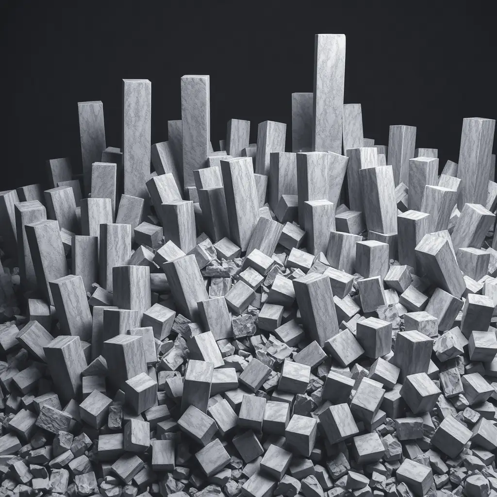 A crowded sprawl of stone block towers of every height, some collapsed into rubble.