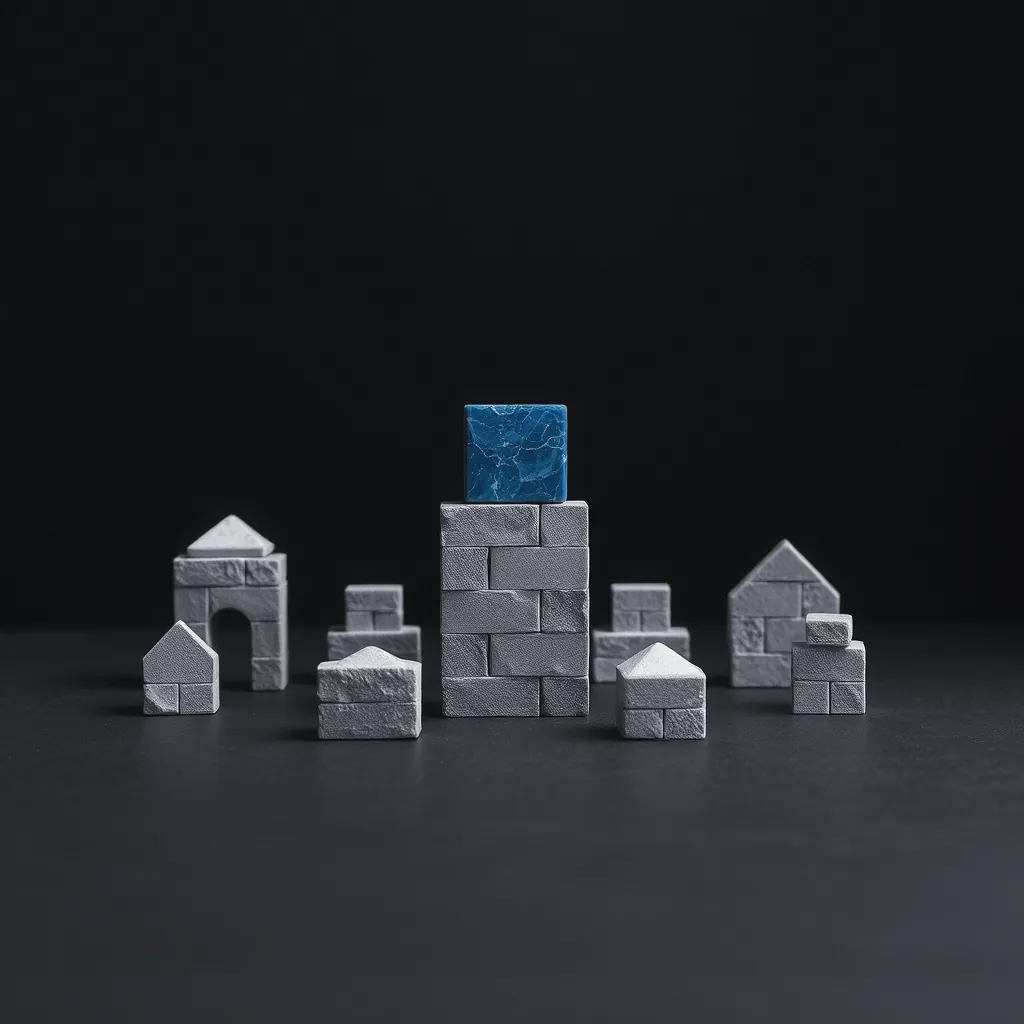 Several small structures of stone blocks, each a different shape, one topped with a blue block.