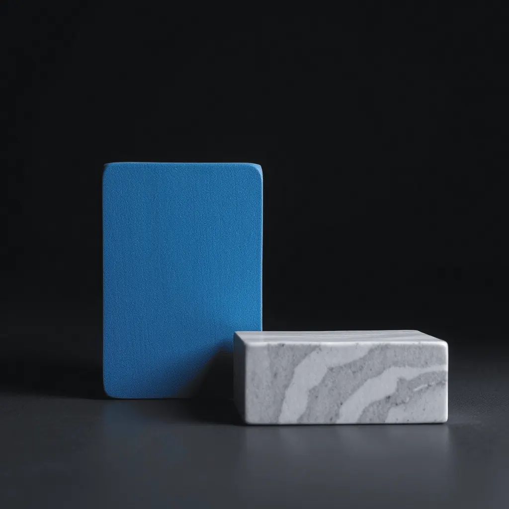 A blue block standing beside a grey stone block, as a pair.