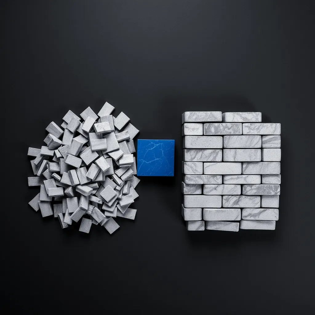 A loose pile of stone tiles, a blue block, and the same tiles laid into a neat wall.