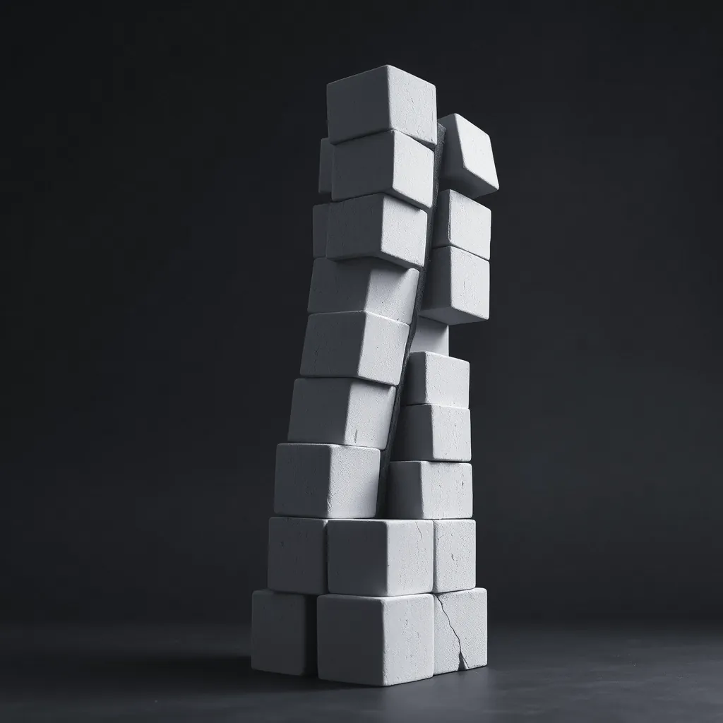 A tall tower of stone blocks, leaning and cracked at its base.