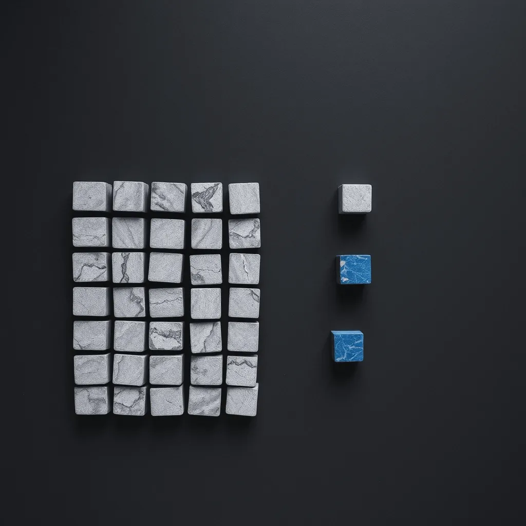 Stone blocks sorted into a neat grid, with a few set aside and one of them blue.
