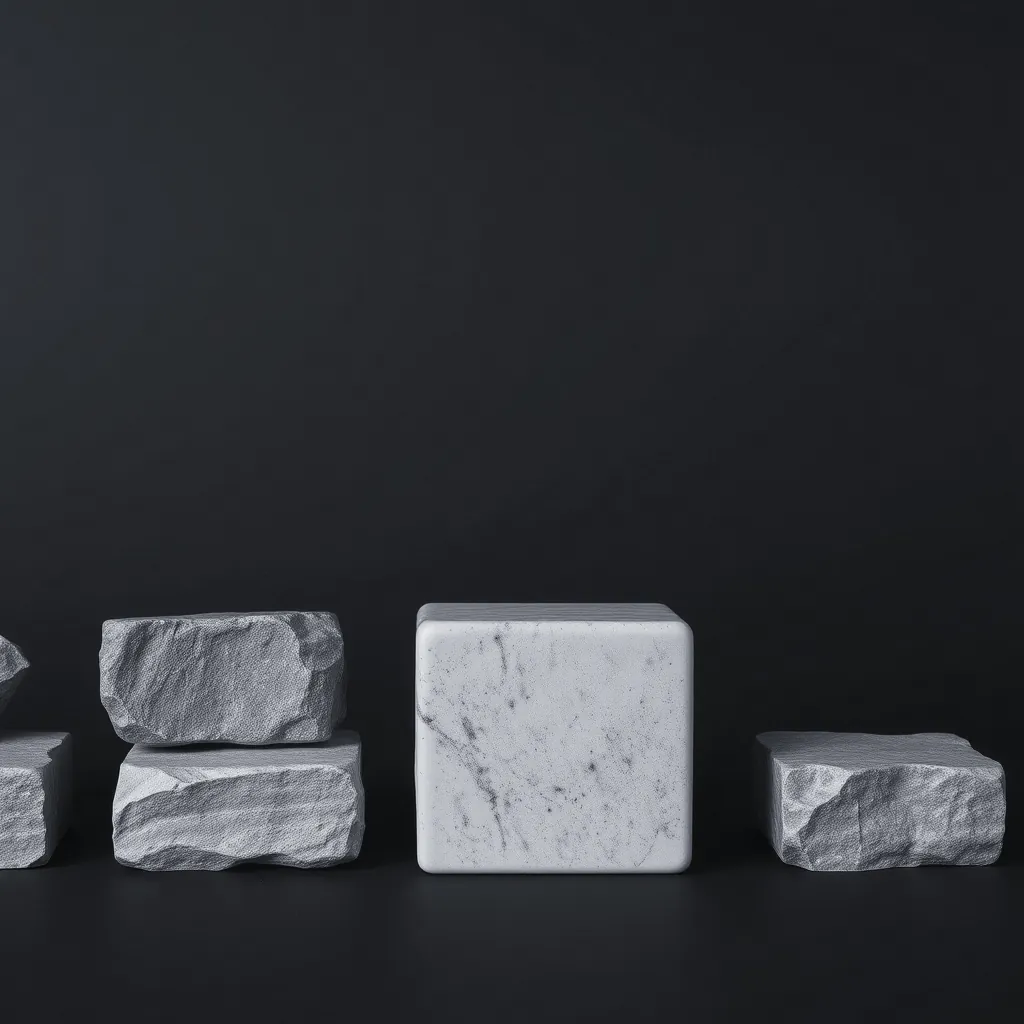 A row of rough stone blocks with one block among them cut clean and polished.