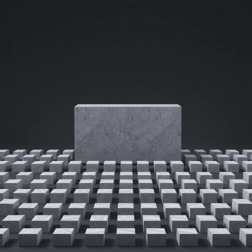 One large stone block with rows of small identical blocks lined up in front of it.