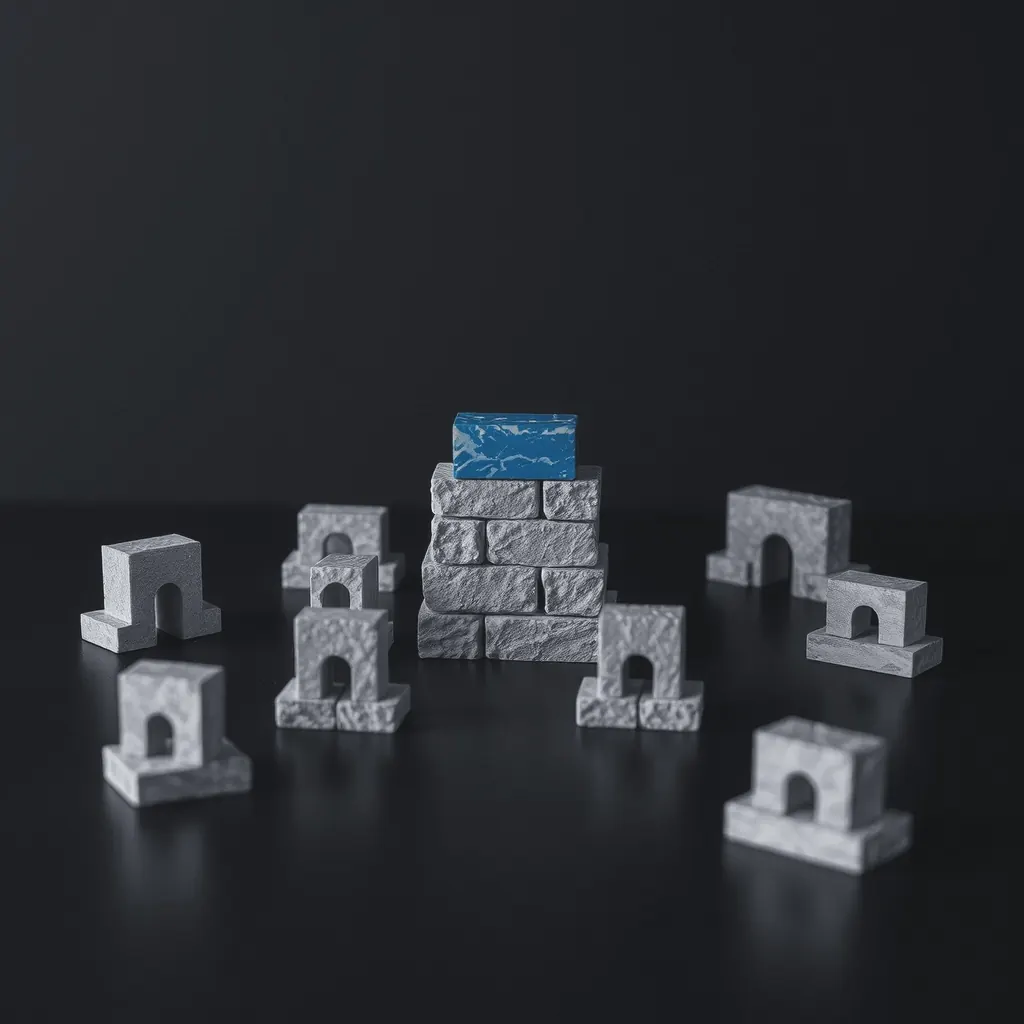 Small structures of stone blocks, each a different shape, the one in the middle topped with a blue block.